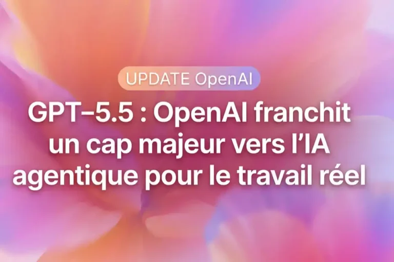 French thumbnail announcing GPT-5.5 and OpenAI moving toward agentic AI for real-world work, on a colorful abstract background.