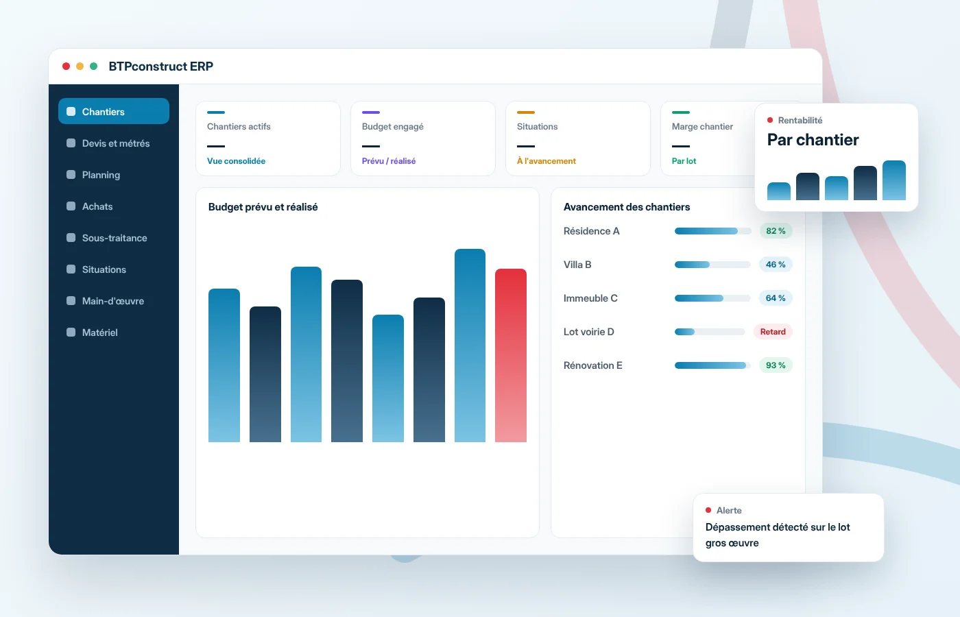 Illustration de l’interface BTPconstruct ERP : suivi de chantier, budget et avancement
