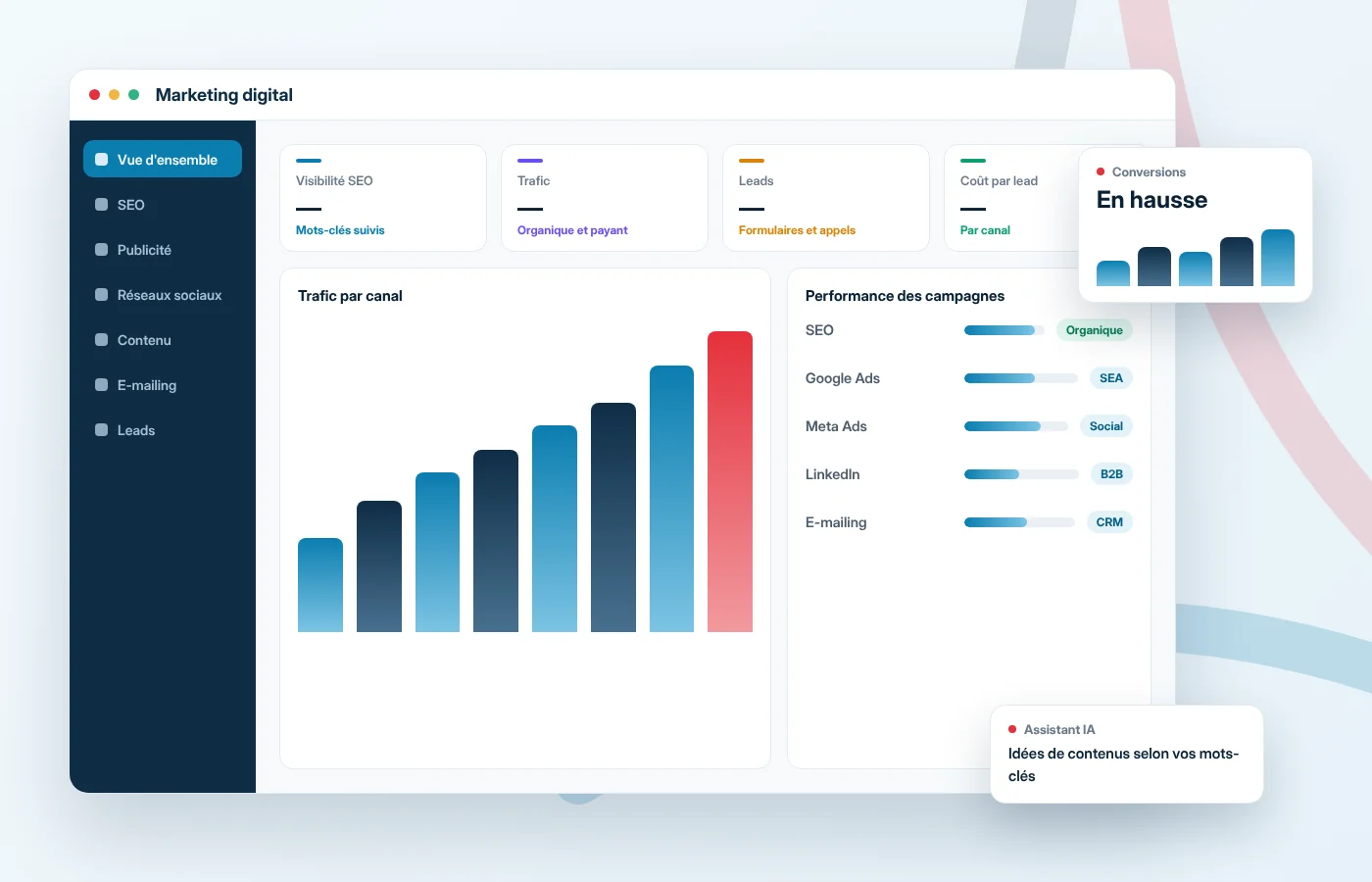 Illustration of a digital marketing agency dashboard: SEO, advertising and leads